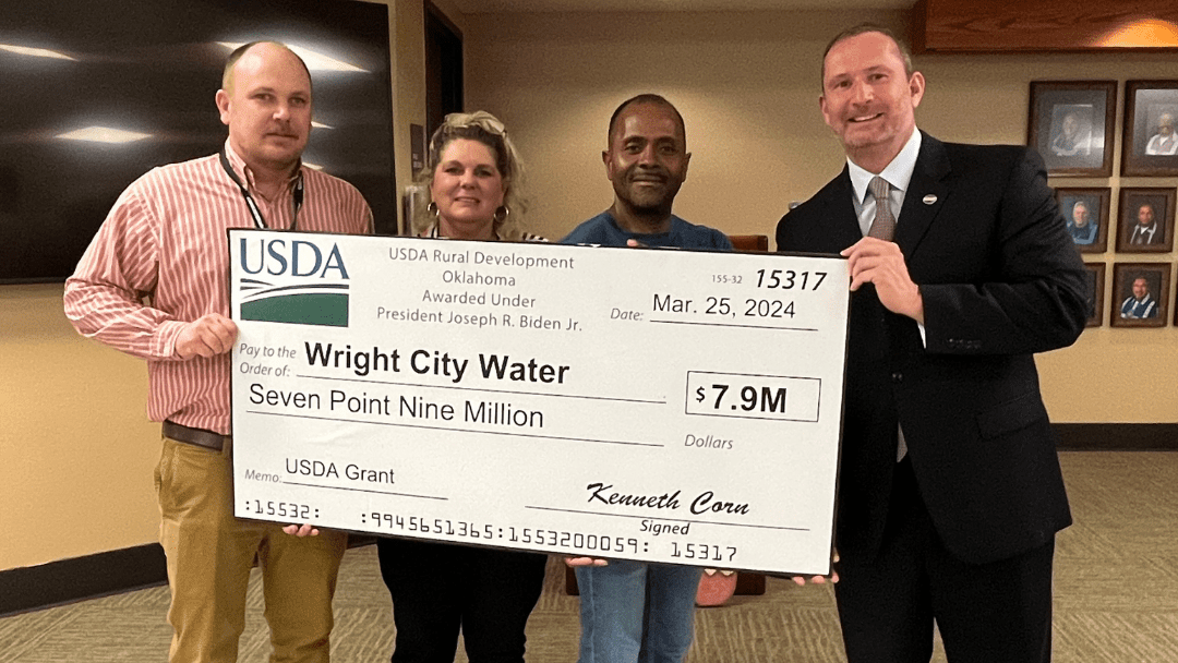 (L-R) Lucas Guinn (CU), Brenda Dancer (Wright City Town Clerk), Rufus Hardage (Wright City Mayor), Kenneth corn (USDA OK State Director)